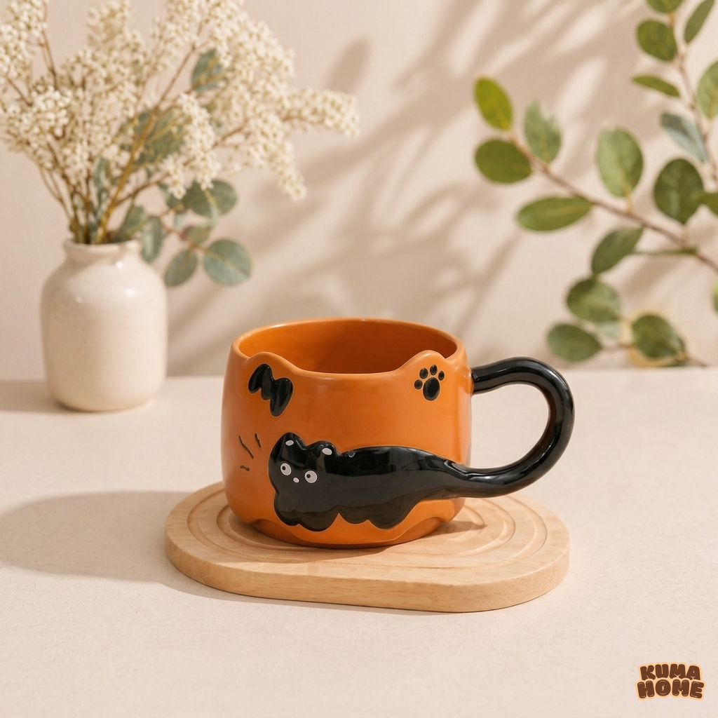 3D Playful Black Cat Ceramic Mug