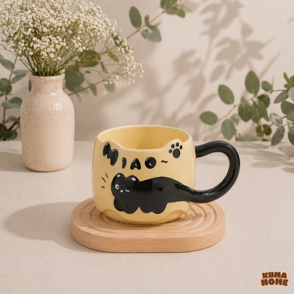 3D Playful Black Cat Ceramic Mug