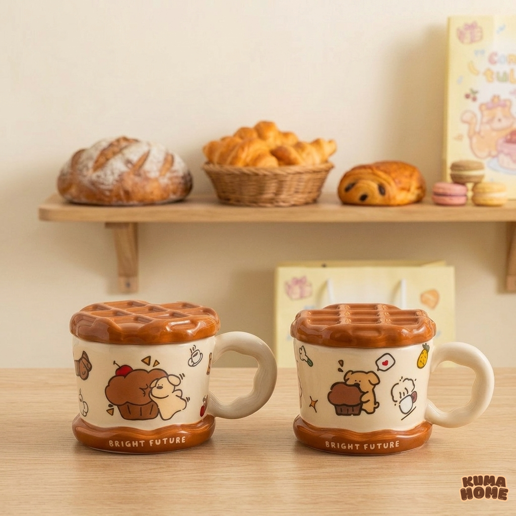 Ceramic Bread Waffle Mug with Lid