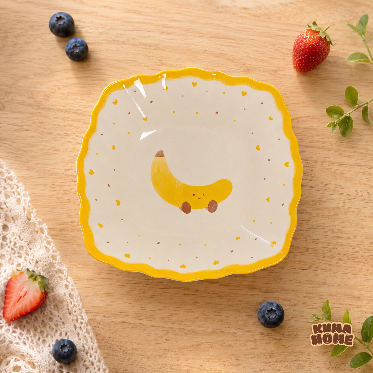 Kawaii Fruits & Croissant Series Scalloped Ceramic Dessert Plate