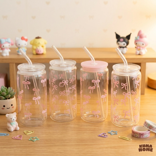 Kawaii Bow-Knot Printed Glass Can Bottle with Straw