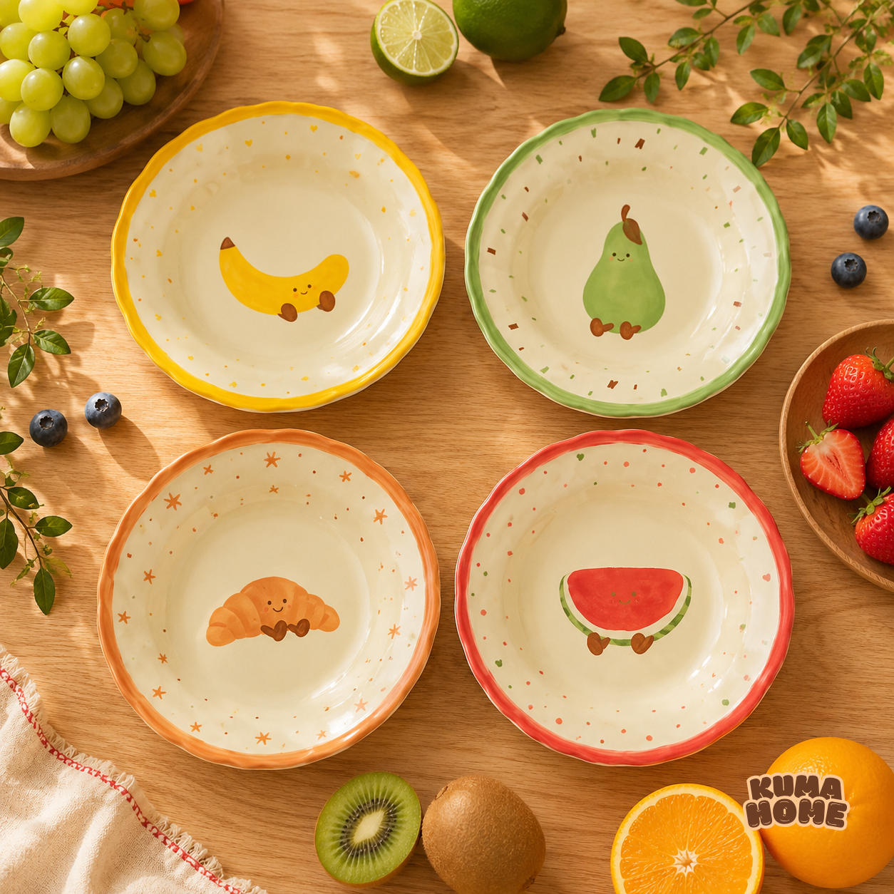 Kawaii Fruits & Croissant Series Scalloped Ceramic Deep Soup Plate