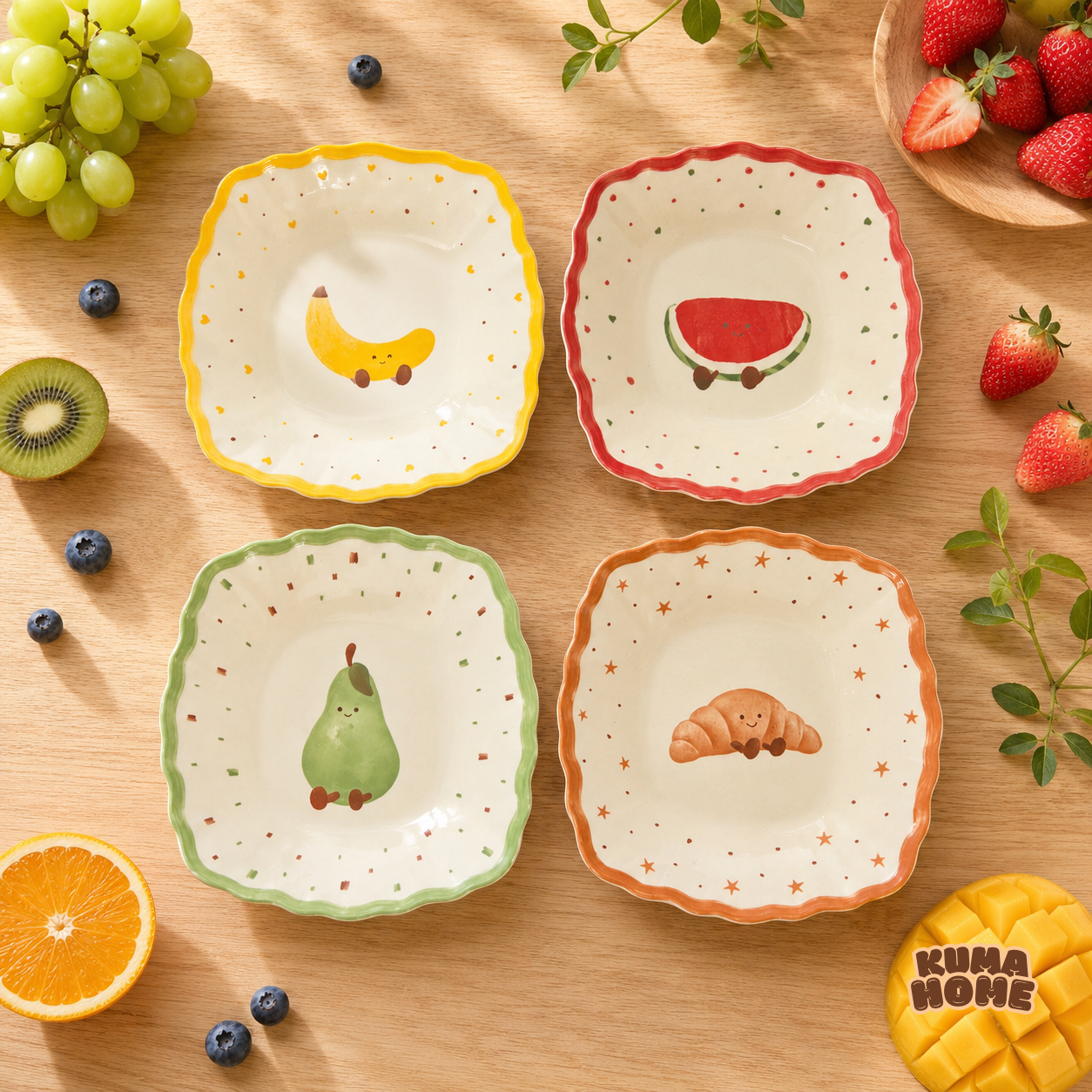 Kawaii Fruits & Croissant Series Scalloped Ceramic Dessert Plate