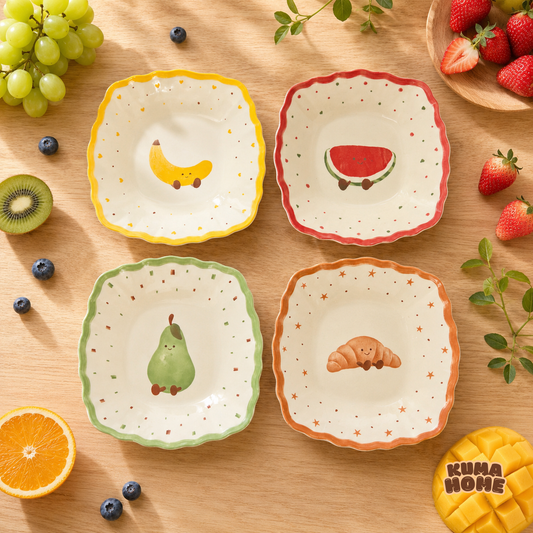 Kawaii Fruits & Croissant Series Scalloped Ceramic Dessert Plate