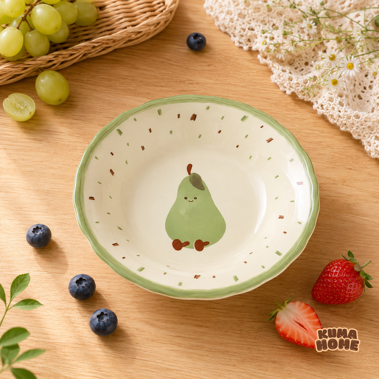Kawaii Fruits & Croissant Series Scalloped Ceramic Deep Soup Plate
