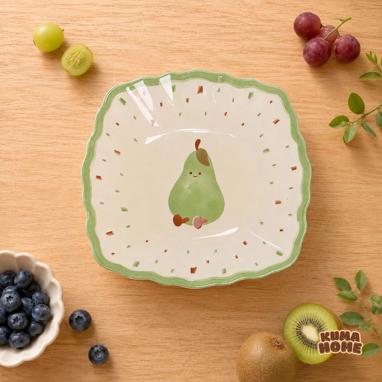 Kawaii Fruits & Croissant Series Scalloped Ceramic Dessert Plate