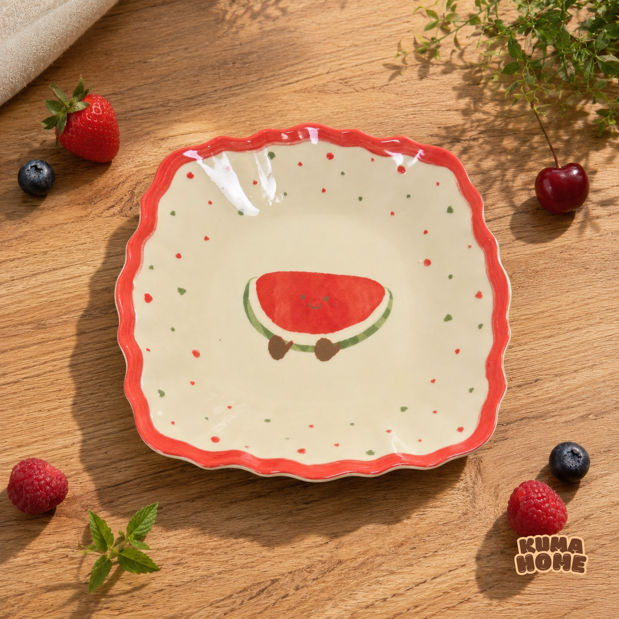 Kawaii Fruits & Croissant Series Scalloped Ceramic Dessert Plate