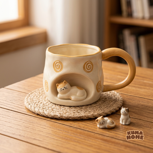 Vintage Artisanal Embossed Cat Ceramic Mug