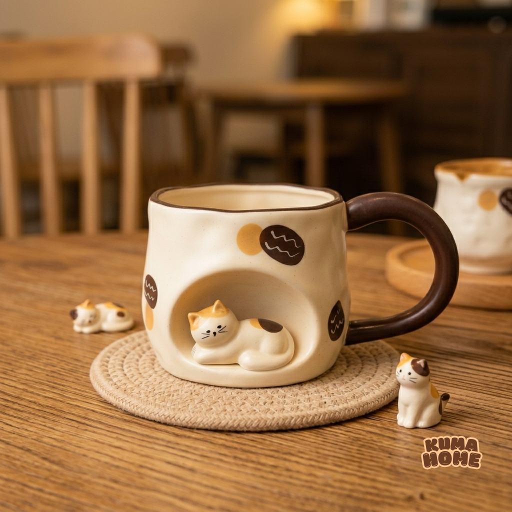 Vintage Artisanal Embossed Cat Ceramic Mug