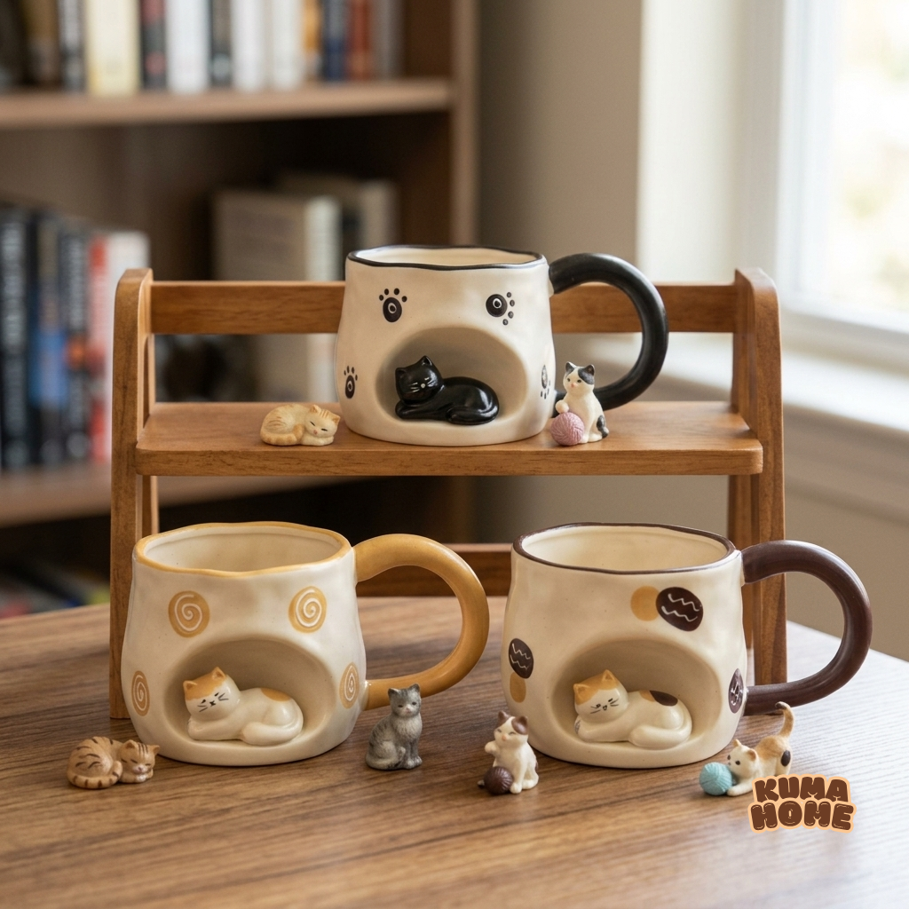 Vintage Artisanal Embossed Cat Ceramic Mug