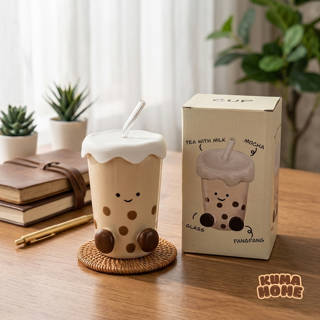 Whimsical Boba Milk Tea Sculptural Ceramic Tumbler with Lid and Straw