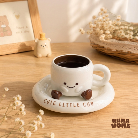 Whimsical 3D Footed Ceramic Coffee Mug and Chubby Saucer Set