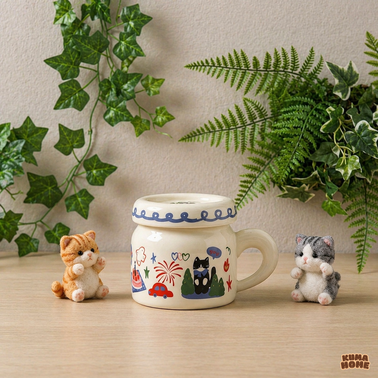 Whimsical Cat Illustration Ceramic Mug with Lid