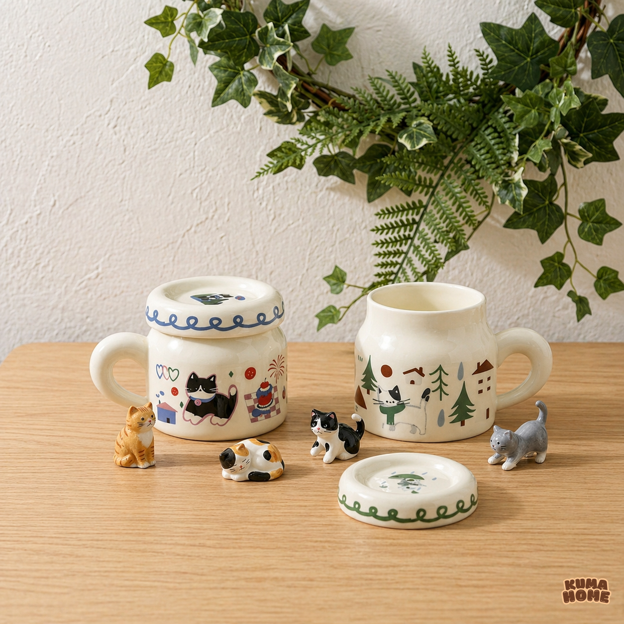 Whimsical Cat Illustration Ceramic Mug with Lid