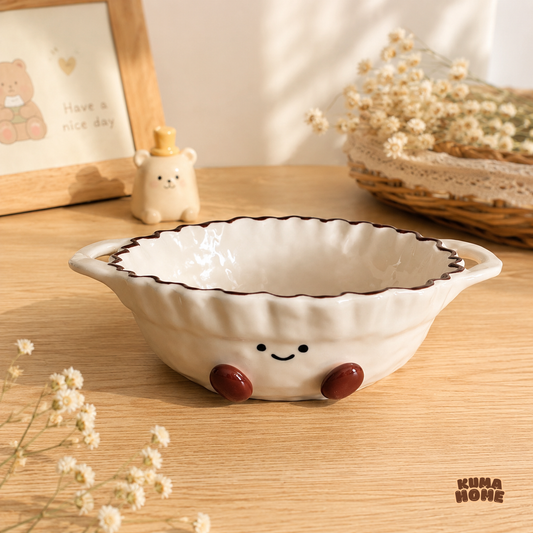 Whimsical Cocoa Bean Footed Double-Handled Ceramic Serving Bowl